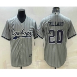 Men's Dallas Cowboys #20 Tony Pollard Grey Pinstripe With Patch Cool Base Stitched Baseball Jersey