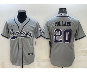 Men's Dallas Cowboys #20 Tony Pollard Grey With Patch Cool Base Stitched Baseball Jersey