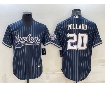 Men's Dallas Cowboys #20 Tony Pollard Navy Blue Pinstripe With Patch Cool Base Stitched Baseball Jersey