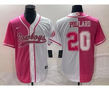 Men's Dallas Cowboys #20 Tony Pollard Pink White Split Cool Base Stitched Baseball Jersey