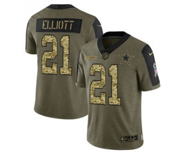 Men's Dallas Cowboys #21 Ezekiel Elliott 2021 Olive Camo Salute To Service Limited Stitched Football Jersey