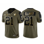 Men's Dallas Cowboys #21 Ezekiel Elliott 2021 Olive Salute To Service Golden Limited Stitched Football Jersey