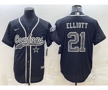 Men's Dallas Cowboys #21 Ezekiel Elliott Black Reflective With Patch Cool Base Stitched Baseball Jersey