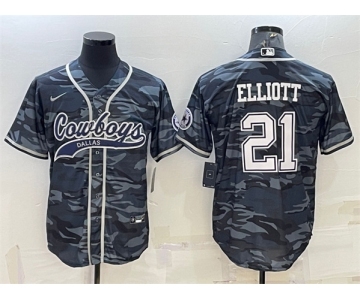 Men's Dallas Cowboys #21 Ezekiel Elliott Gray Camo With Patch Cool Base Stitched Baseball Jersey