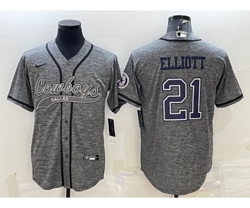 Men's Dallas Cowboys #21 Ezekiel Elliott Grey Gridiron With Patch Cool Base Stitched Baseball Jersey