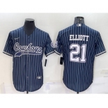 Men's Dallas Cowboys #21 Ezekiel Elliott Navy Blue Pinstripe With Patch Cool Base Stitched Baseball Jersey