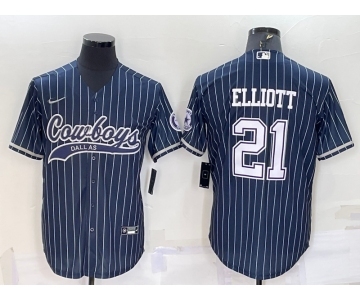 Men's Dallas Cowboys #21 Ezekiel Elliott Navy Blue Pinstripe With Patch Cool Base Stitched Baseball Jersey