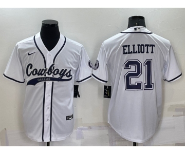 Men's Dallas Cowboys #21 Ezekiel Elliott White Stitched Cool Base Nike Baseball Jersey