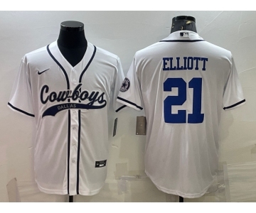 Men's Dallas Cowboys #21 Ezekiel Elliott White With Patch Cool Base Stitched Baseball Jersey