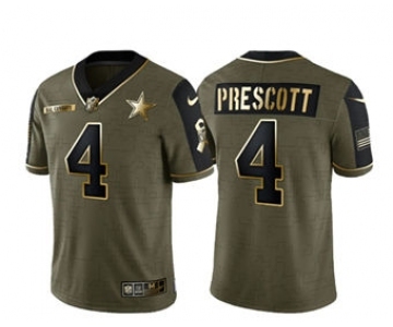 Men's Dallas Cowboys #4 Dak Prescott 2021 Olive Salute To Service Golden Limited Stitched Football Jersey