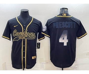 Men's Dallas Cowboys #4 Dak Prescott Black Gold With Patch Smoke Cool Base Stitched Baseball Jersey