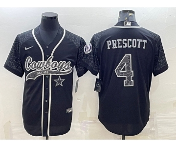 Men's Dallas Cowboys #4 Dak Prescott Black Reflective With Patch Cool Base Stitched Baseball Jersey