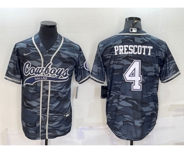 Men's Dallas Cowboys #4 Dak Prescott Grey Camo With Patch Cool Base Stitched Baseball Jersey