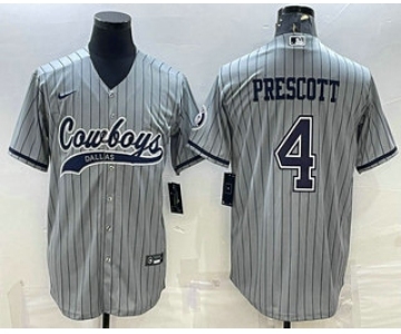 Men's Dallas Cowboys #4 Dak Prescott Grey Pinstripe With Patch Cool Base Stitched Baseball Jersey