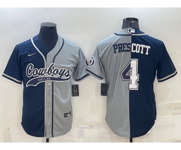 Men's Dallas Cowboys #4 Dak Prescott Navy Blue Grey Two Tone With Patch Cool Base Stitched Baseball Jersey