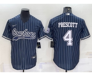 Men's Dallas Cowboys #4 Dak Prescott Navy Blue Pinstripe With Patch Cool Base Stitched Baseball Jersey