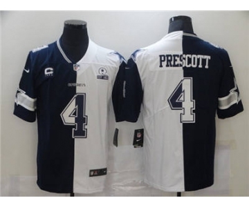 Men's Dallas Cowboys #4 Dak Prescott Navy White Split With C Patch Stitched Football Jersey