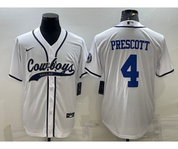 Men's Dallas Cowboys #4 Dak Prescott White With Patch Cool Base Stitched Baseball Jersey