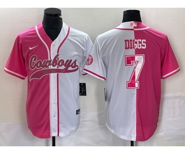 Men's Dallas Cowboys #7 Trevon Diggs Pink White Two Tone With Patch Cool Base Stitched Baseball Jersey