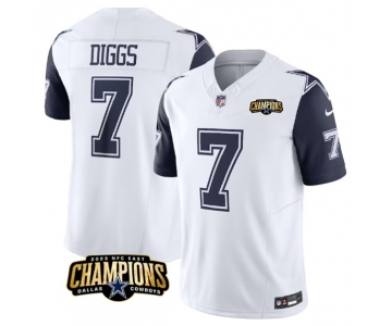 Men's Dallas Cowboys #7 Trevon Diggs White Navy 2023 F.U.S.E. NFC East Champions Patch Football Stitched Jersey