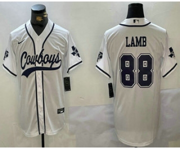 Men's Dallas Cowboys #88 CeeDee Lamb White With Navy Name Cool Base Stitched Baseball Jersey