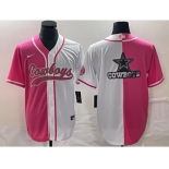 Men's Dallas Cowboys Pink White Split Team Big Logo Cool Base Stitched Baseball Jersey