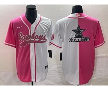 Men's Dallas Cowboys Pink White Split Team Big Logo Cool Base Stitched Baseball Jersey