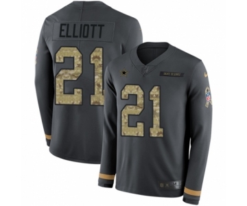 Men's Nike Dallas Cowboys #21 Ezekiel Elliott Limited Black Salute to Service Therma Long Sleeve NFL Jersey