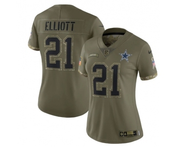 Women's Dallas Cowboys #21 Ezekiel Elliott 2022 Olive Salute To Service Limited Stitched Jersey(Run Small)