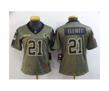 Women's Dallas Cowboys #21 Ezekiel Elliott Gold 2021 Salute To Service Limited Player Jersey