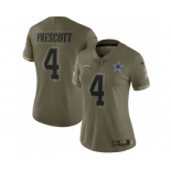 Women's Dallas Cowboys #4 Dak Prescott 2022 Olive Salute To Service Limited Stitched Jersey(Run Small)