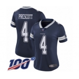 Women's Dallas Cowboys #4 Dak Prescott Navy Blue Team Color Vapor Untouchable Limited Player 100th Season Football Jersey