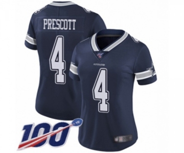 Women's Dallas Cowboys #4 Dak Prescott Navy Blue Team Color Vapor Untouchable Limited Player 100th Season Football Jersey