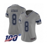 Women's Dallas Cowboys #8 Troy Aikman Limited Gray Inverted Legend 100th Season Football Jersey