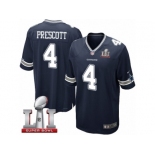 Youth Nike Dallas Cowboys #4 Dak Prescott Elite Navy Blue Team Color Super Bowl LI NFL Jersey