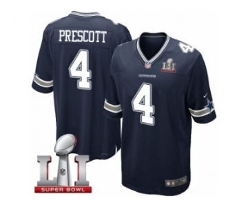 Youth Nike Dallas Cowboys #4 Dak Prescott Elite Navy Blue Team Color Super Bowl LI NFL Jersey