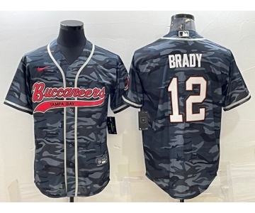 Men's Tampa Bay Buccaneers #12 Tom Brady Grey Camo With Patch Cool Base Stitched Baseball Jersey