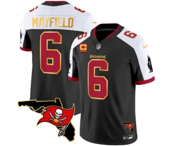 Men's Tampa Bay Buccaneers #6 Baker Mayfield Black White With Florida Patch Gold Trim Vapor Football Stitched Jersey