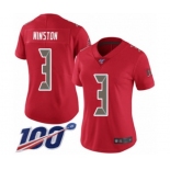 Women's Tampa Bay Buccaneers #3 Jameis Winston Limited Red Rush Vapor Untouchable 100th Season Football Jersey