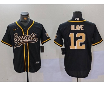 Men's New Orleans Saints #12 Chris Olave Black Cool Base Stitched Baseball Jersey