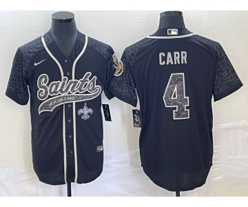 Men's New Orleans Saints #4 Derek Carr Black Reflective With Patch Cool Base Stitched Baseball Jersey