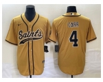 Men's New Orleans Saints #4 Derek Carr Gold With Patch Cool Base Stitched Baseball Jersey