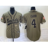 Men's New Orleans Saints #4 Derek Carr Olive 2022 Salute To Service Cool Base Stitched Baseball Jersey