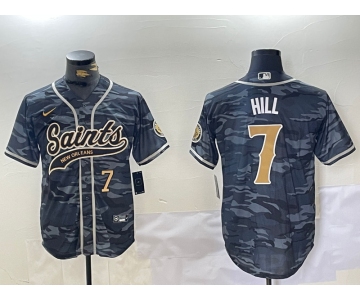 Men's New Orleans Saints #7 Taysom Hill Grey Camo With Patch Cool Base Stitched Baseball Jerseys