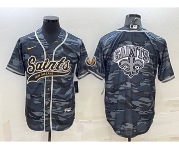 Men's New Orleans Saints Blank Grey Navy Team Big Logo With Patch Cool Base Stitched Baseball Jersey