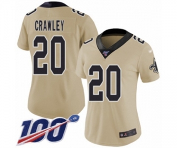 Women's New Orleans Saints #20 Ken Crawley Limited Gold Inverted Legend 100th Season Football Jersey