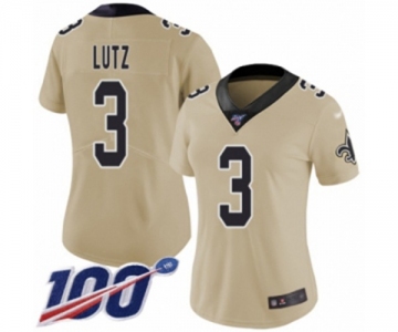 Women's New Orleans Saints #3 Wil Lutz Limited Gold Inverted Legend 100th Season Football Jersey