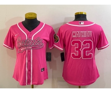 Women's New Orleans Saints #32 Tyrann Mathieu Pink With Patch Cool Base Stitched Baseball Jersey