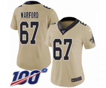 Women's New Orleans Saints #67 Larry Warford Limited Gold Inverted Legend 100th Season Football Jersey