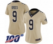 Women's New Orleans Saints #9 Drew Brees Limited Gold Inverted Legend 100th Season Football Jersey